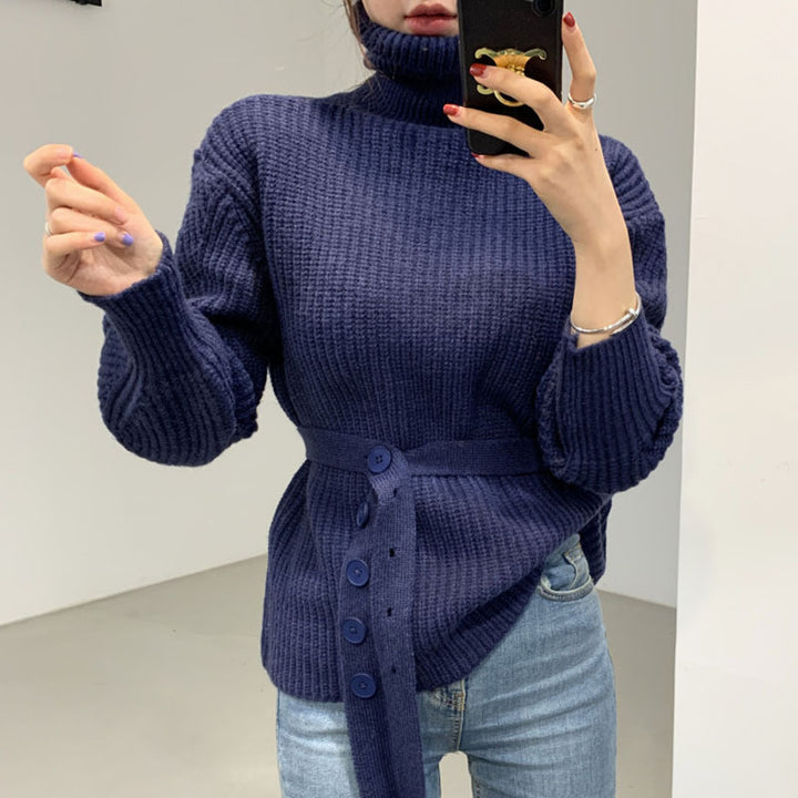 Pull en tricot épais pour femmes avec col montant et taille ceinturée Chic & Stil
