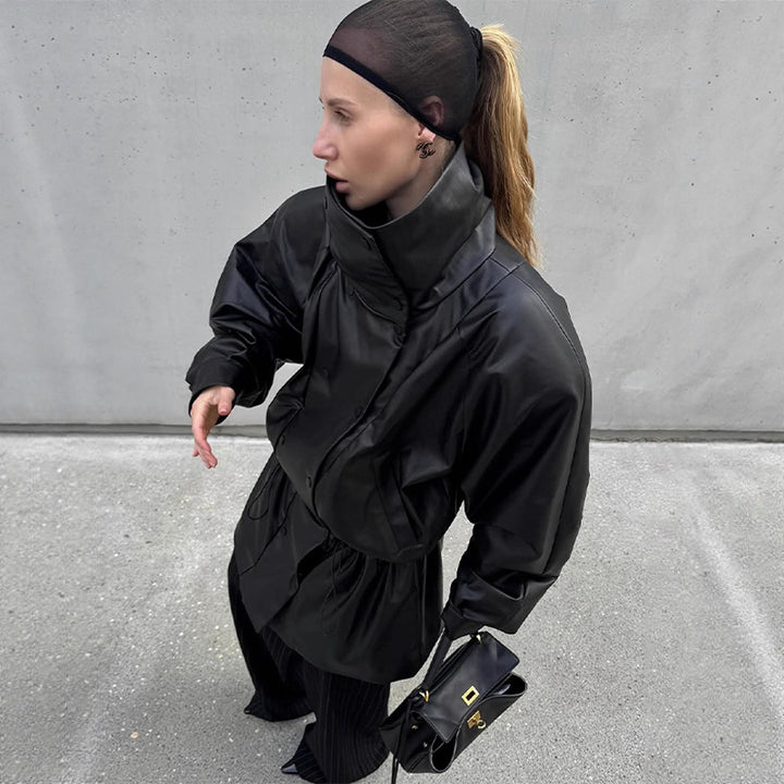Women Oversize Faux Leather Parka with High Stand Collar and Adjustable Drawstring Amarae