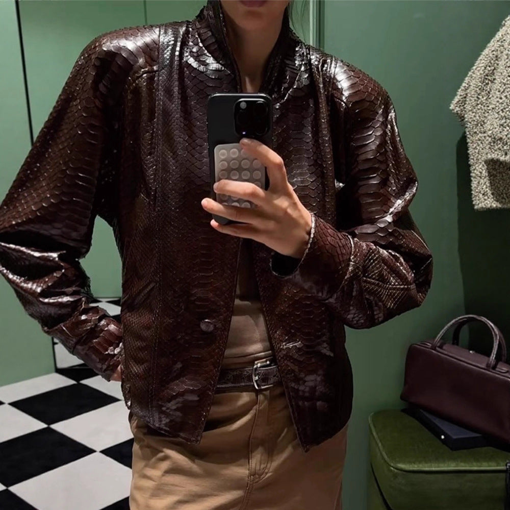 Women's Shiny Snake Pattern Leather Bomber Jacket Amarae