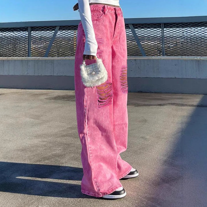 Women High-Waisted Wide Denim Palazzo Pants with Eye-Catching Ripped Inserts Amarae