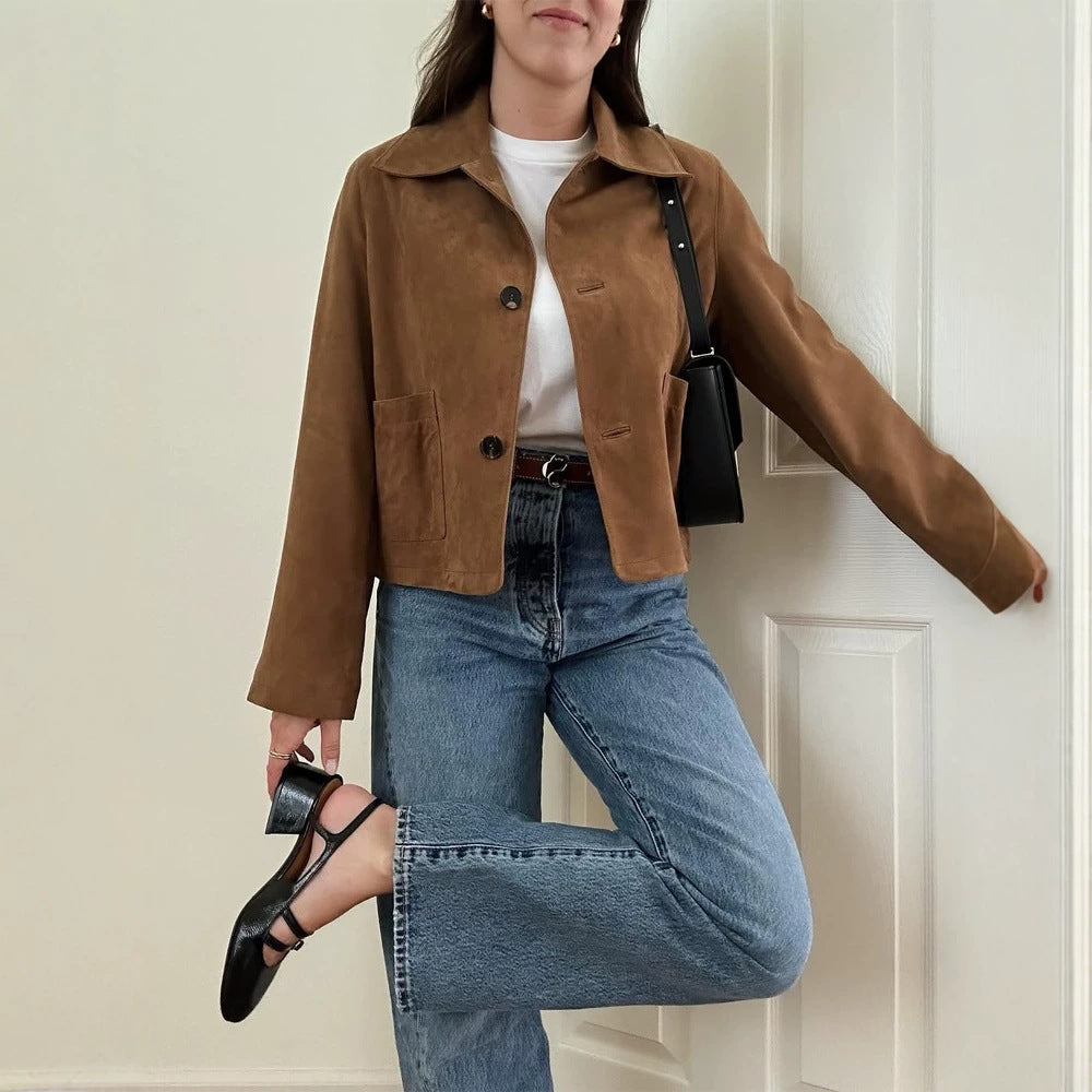 Women Short Cut Suede Jacket with Shirt Collar and Patch Pockets Amarae
