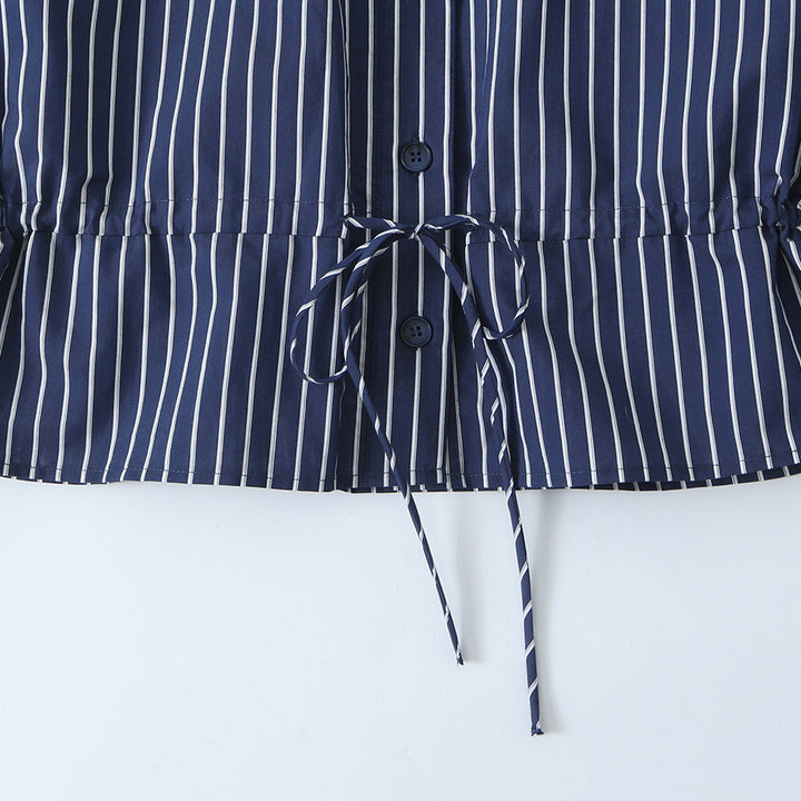 Women Striped Blouse with Stand Collar, Full Button Placket and Drawstring Waistband Amarae