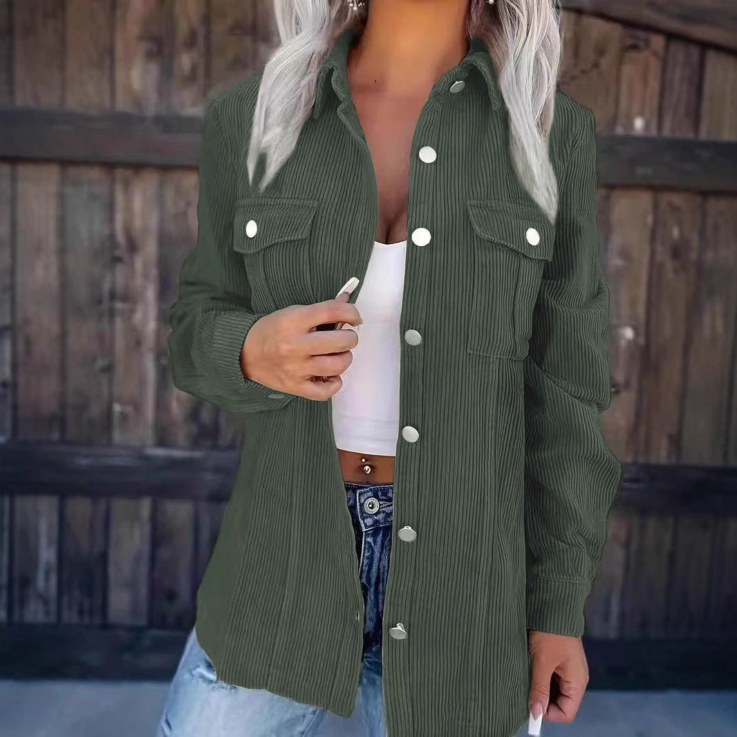 Shirt jacket women in fine structured fabric with applied pockets and snap button closure Lune London