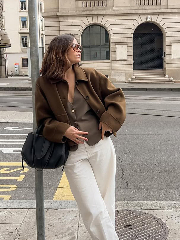 Women Short Wool Blend Blazer with Boxy Silhouette and Extra Long Sleeves Amarae