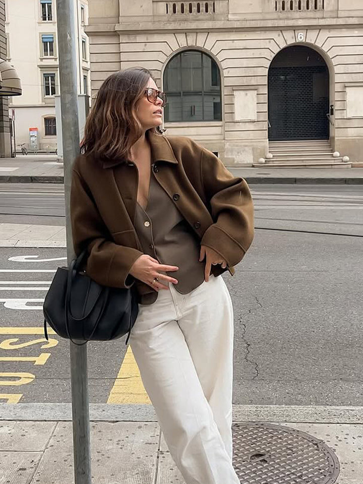 Women Short Wool Blend Blazer with Boxy Silhouette and Extra Long Sleeves Amarae