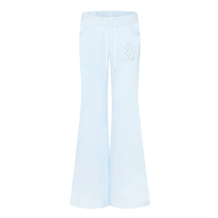 Women Flared Lounge Pants with High Comfort Waistband, Drawstring and Rhinestone Logo Amarae