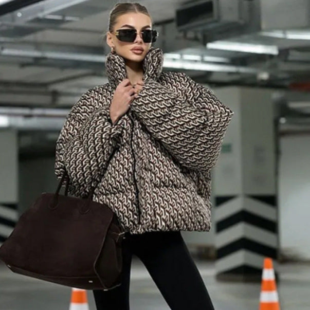 Women Short Quilted Oversized Quilted Jacket with High Shawl Collar Amarae