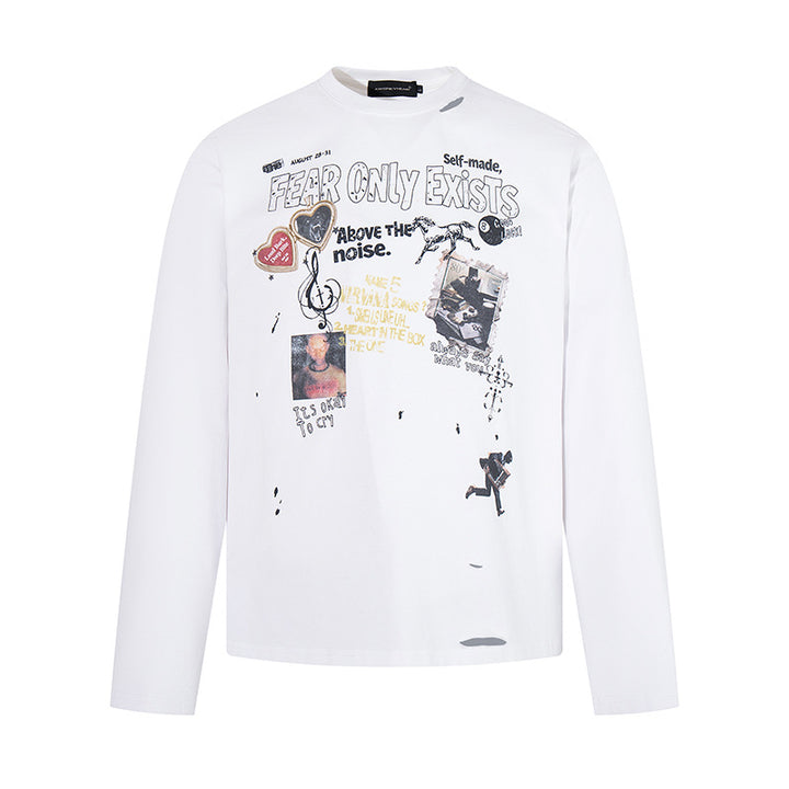 Men's long sleeve shirt with print collage, distressed details and relaxed fit Amarae