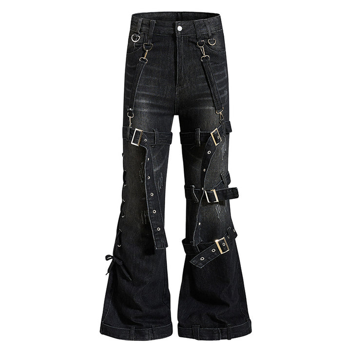 Women's Bondage-Flared-Jeans with decorative buckles, straps and used look Amarae