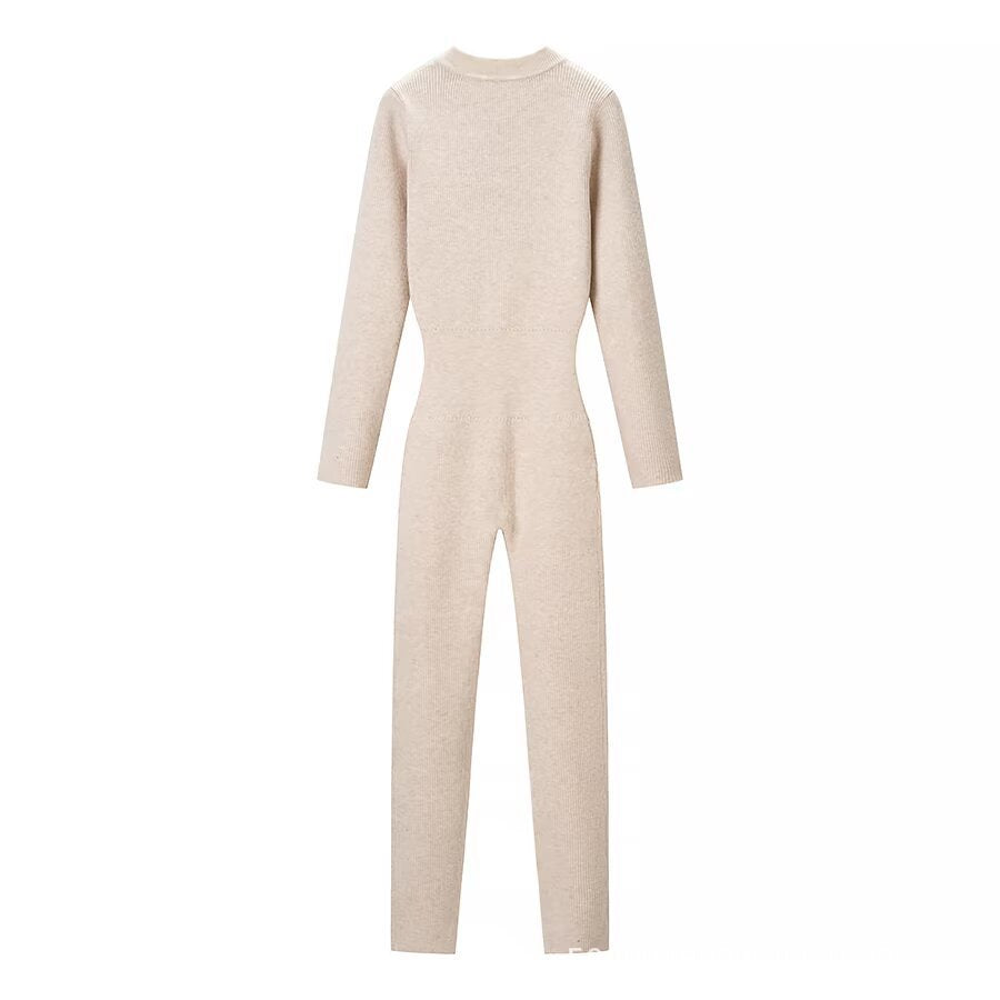 Ladies Body-Con Knitted Jumpsuit with Zipper and Stand Collar Amarae