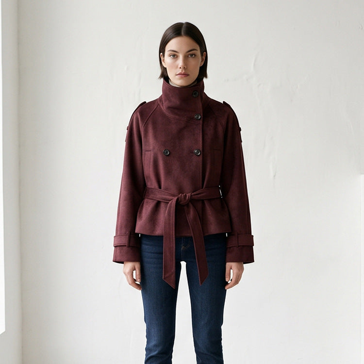 Women's Tailored Short Jacket in Suede Look with Double Breasted and Stand-Up Collar Amarae