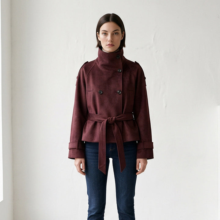 Women's Tailored Short Jacket in Suede Look with Double Breasted and Stand-Up Collar Amarae