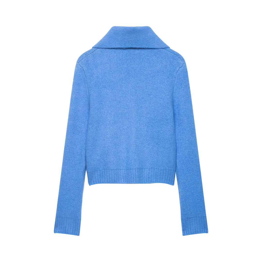 Women's chunky knitted short jacket with zipper, wide collar and ribbed hem Amarae