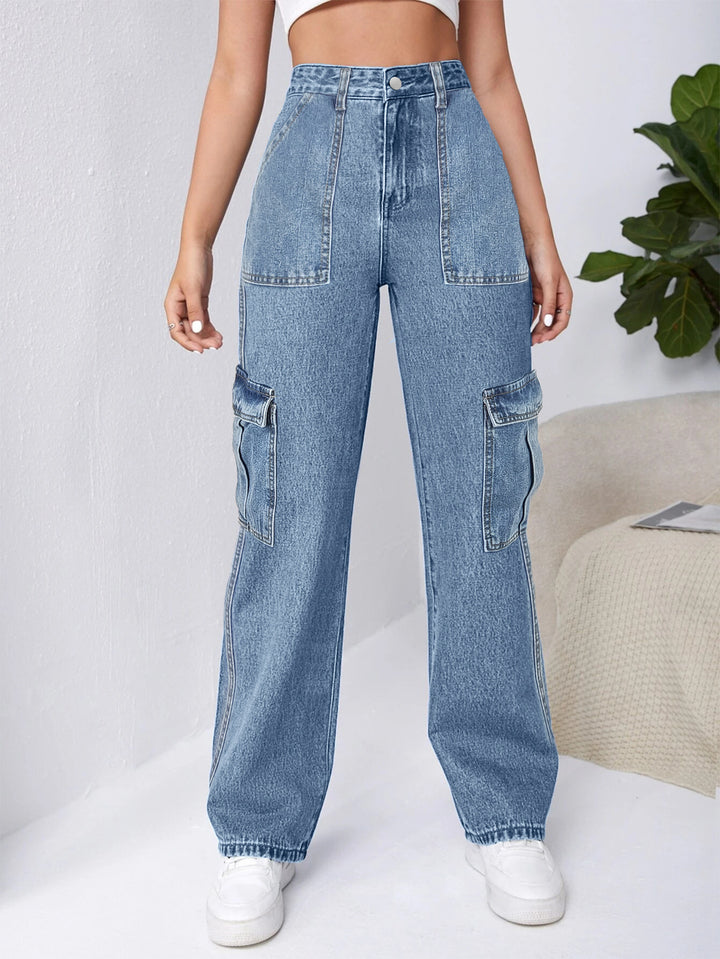 Women High-Waisted Cargo Wide Jeans with Patch Pockets and Elastic Hem Amarae