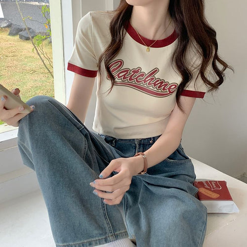 Women’s Casual Crop Top with Contrasting Sleeves and Creative Print Amarae