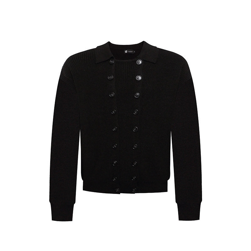 Men's Double-Breasted Knit Cardigan with Shirt Collar and Ribbed Cuffs Amarae