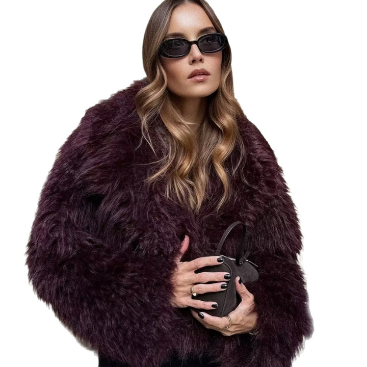 Ladies Short Boxy Plush Jacket in Shaggy Look with Dropped Lapel Amarae