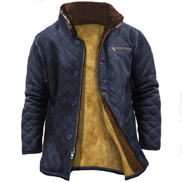 Long quilted coat for men with faux fur collar and practical pockets Lune London