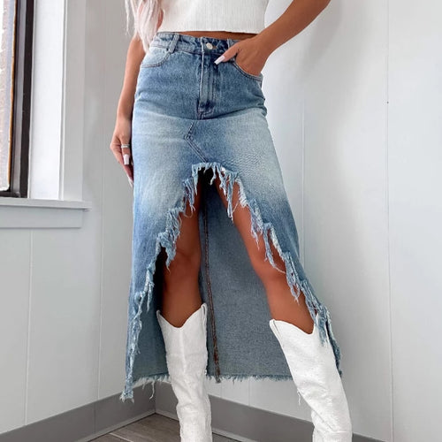 Denim skirt for women in a modern high-low style with fringe details Chic & Stil