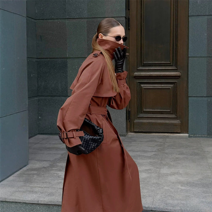 Women long cut water-repellent trench coat with high stand-up collar and waist belt Amarae
