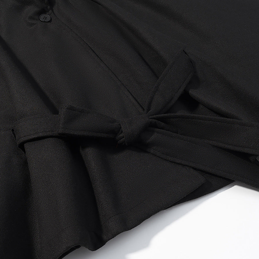Women's short cape with stand-up collar, concealed button placket, and waist tie belt Amarae
