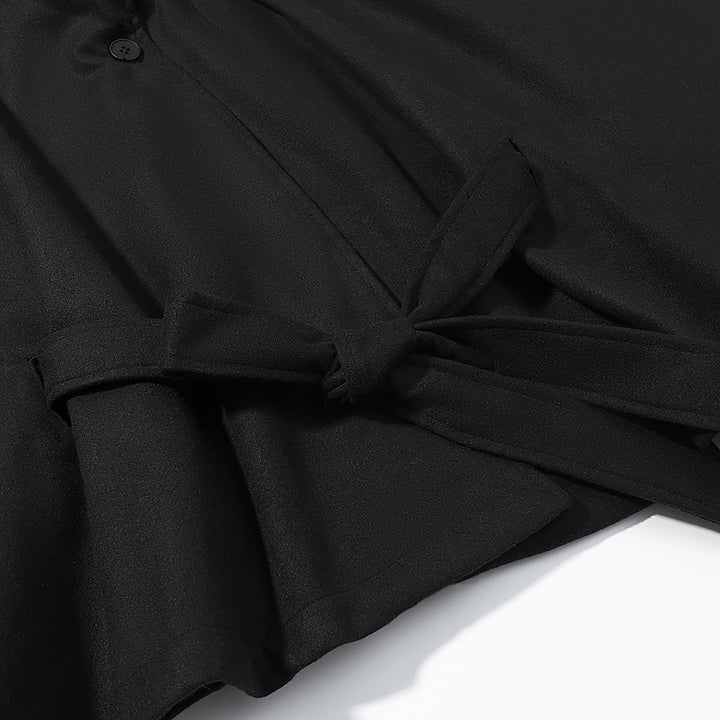 Women's short cape with stand-up collar, concealed button placket, and waist tie belt Amarae