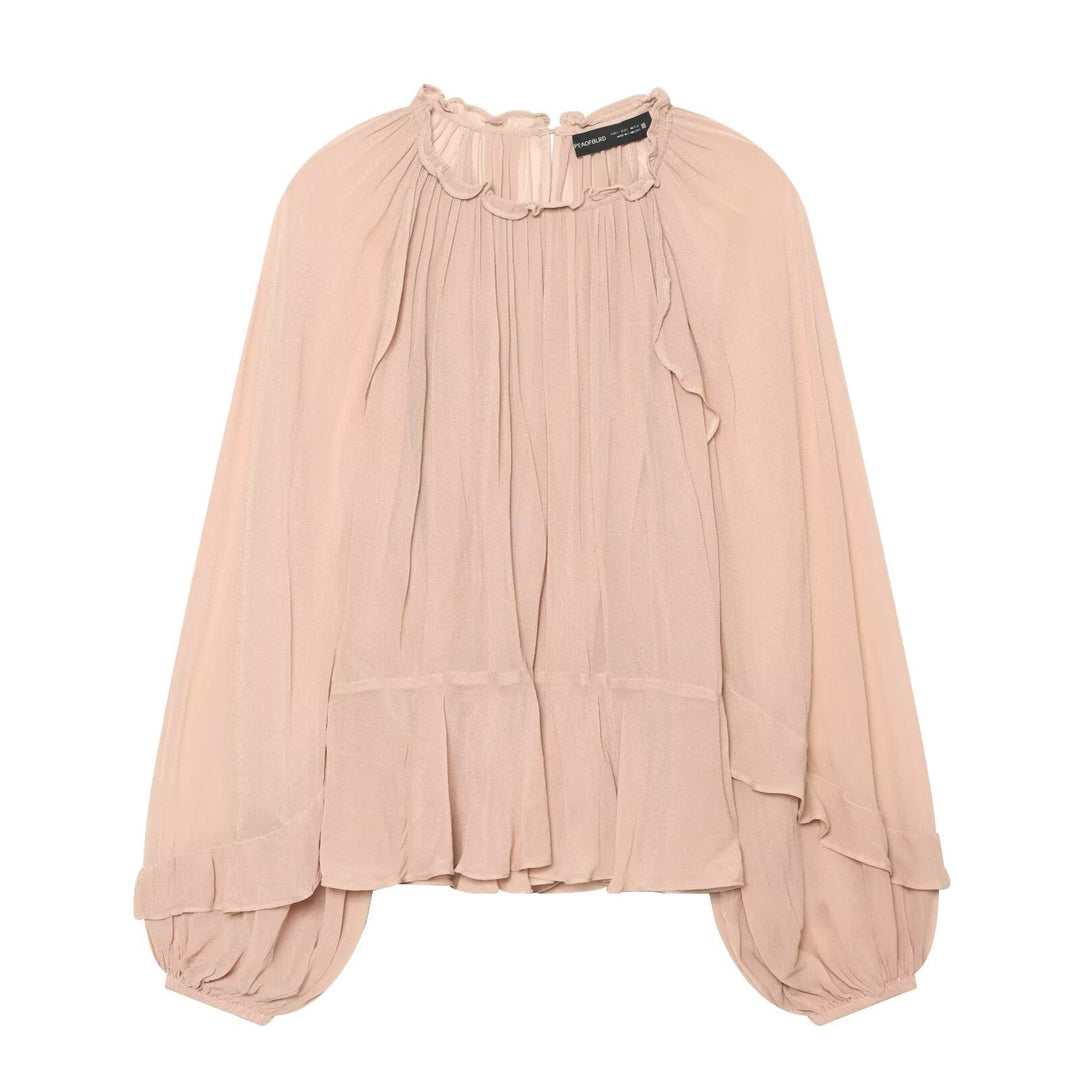 Women Pleated Chiffon Blouse with Ruffled Collar and Balloon Sleeves Amarae