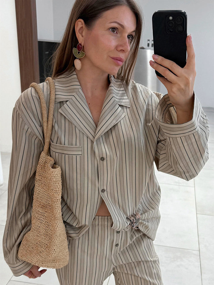Women's Oversized Striped Blazer Set with Relaxed Linen Blend Pants Amarae