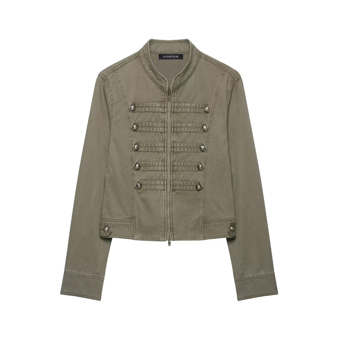 Ladies military-inspired short jacket with stand-up collar, decorative flaps and zipper Amarae