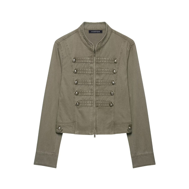 Ladies military-inspired short jacket with stand-up collar, decorative flaps and zipper Amarae