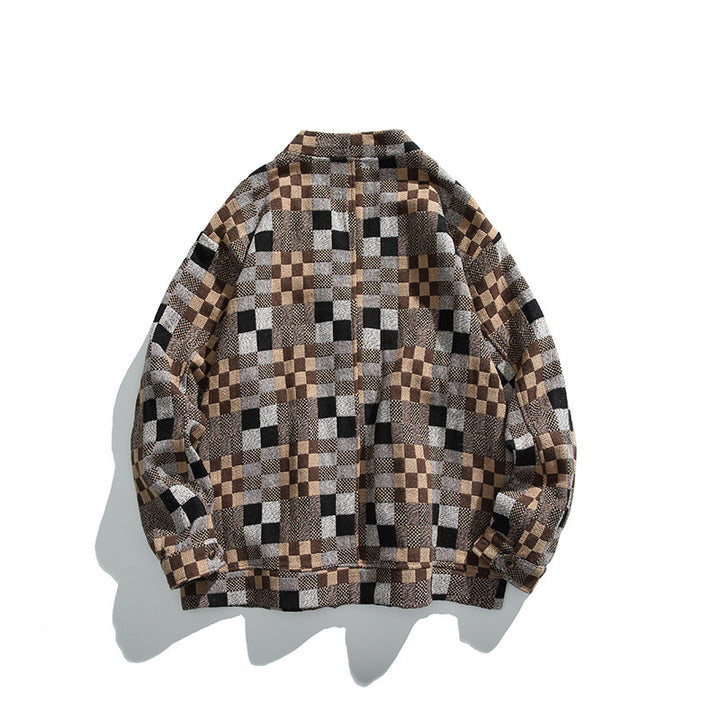 Unisex Boxy Cardigan in Patchwork Check with V-neck, snap front, and patch pockets Amarae