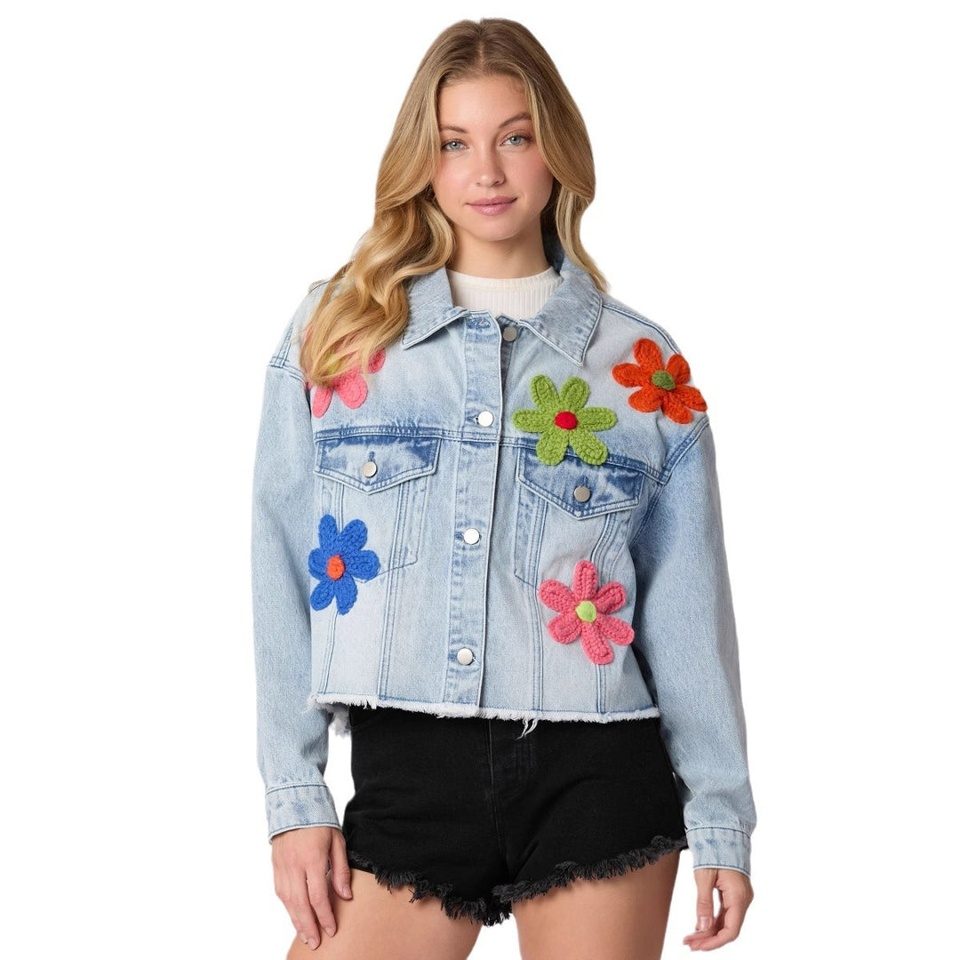 Women's cropped denim jacket with colorful football patches and casual cut Lune London