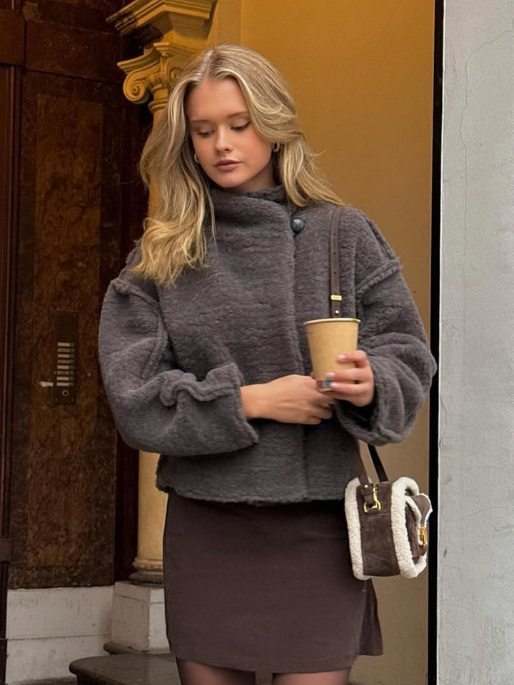 Women short cut teddy faux fur blouse jacket with high stand-up collar and boxy silhouette Amarae