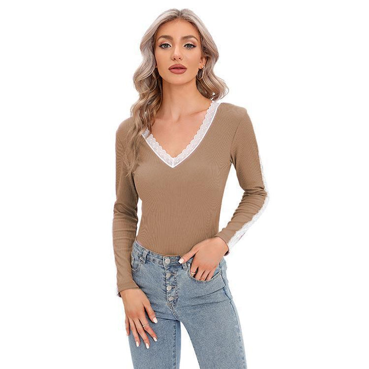 Woman Long Sleeve Top with V-neck and Lace Accents Lune London
