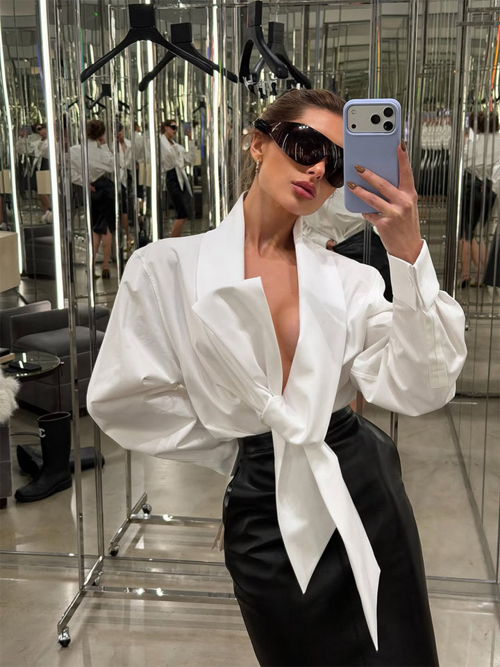 Women Tailored Blouse with XXL Volume Sleeves and Front Knot Amarae