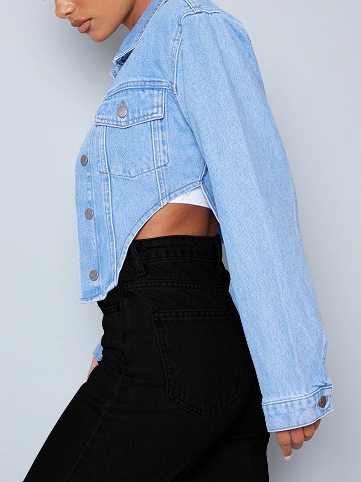 Women's short tailored cropped denim jacket with curved V hem Amarae