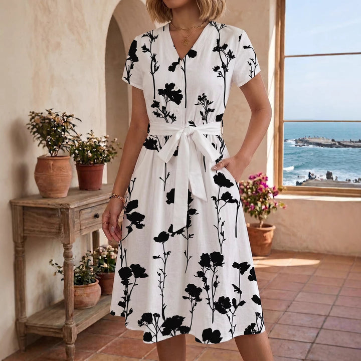Women's Blooming Midi Dress with Adjustable Belt and Artistic Print Lune London