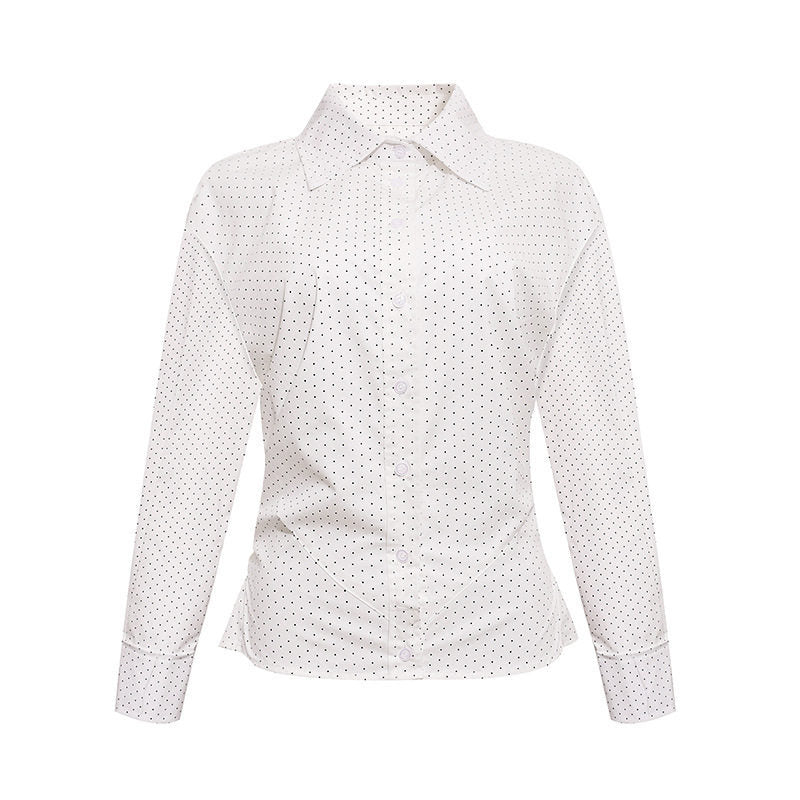 Women's Fitted Long Sleeve Blouse Shirt with Polka Dot Pattern and Shaped Darts