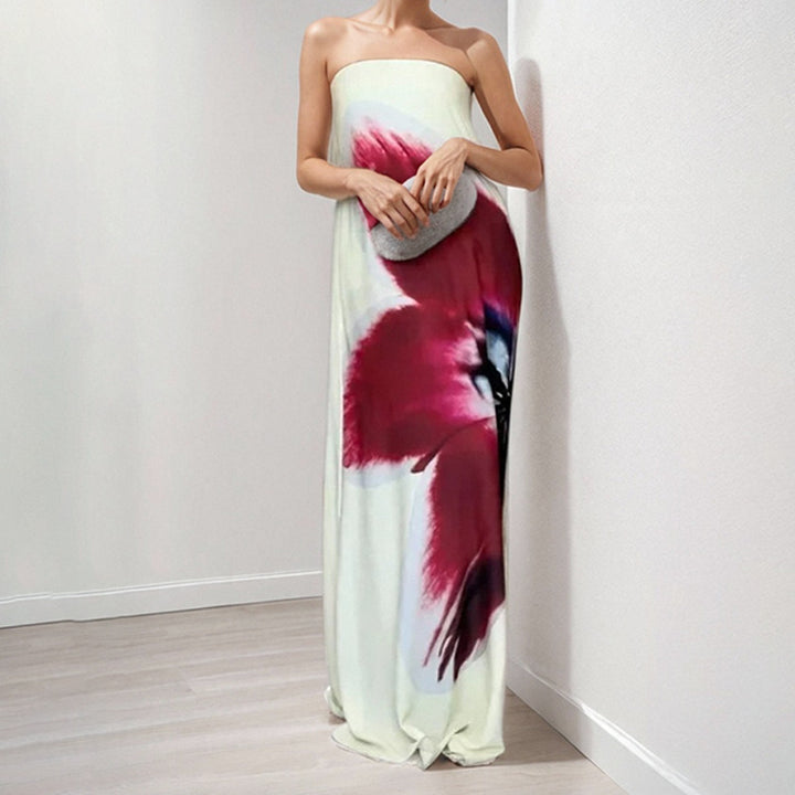 Robe maxi sans bretelles pour femmes avec imprimé floral et tissu fluide Chic & Stil
