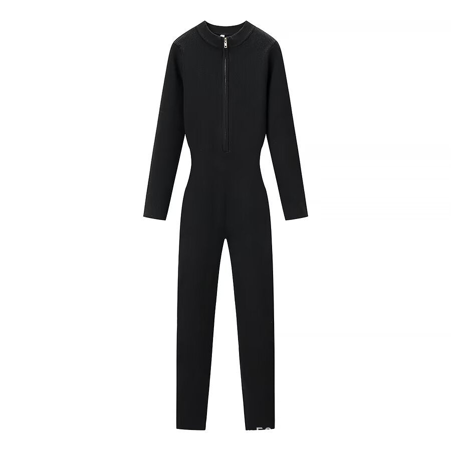 Ladies Body-Con Knitted Jumpsuit with Zipper and Stand Collar Amarae