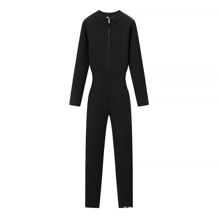 Ladies Body-Con Knitted Jumpsuit with Zipper and Stand Collar Amarae