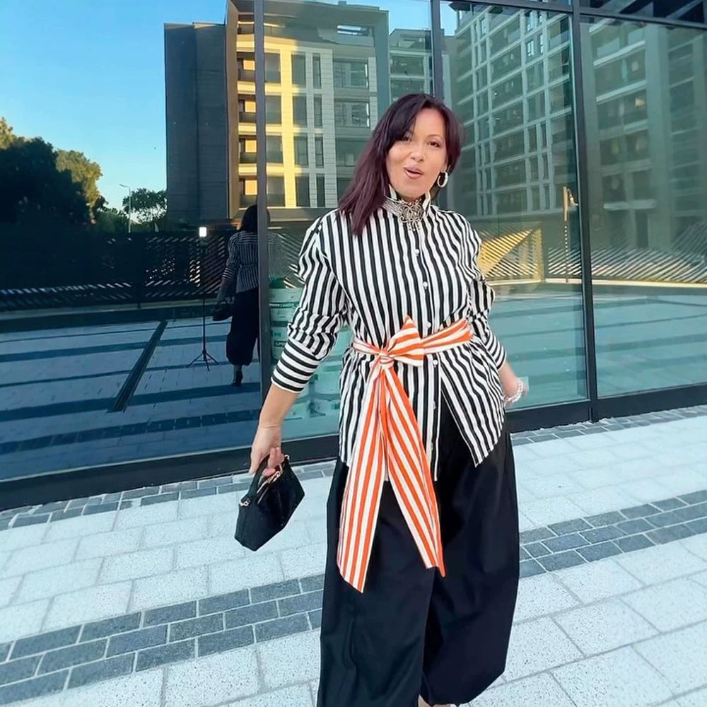 Women Vertical Striped Oversize Shirt Blouse with Boxy Silhouette and Tie Belt Amarae