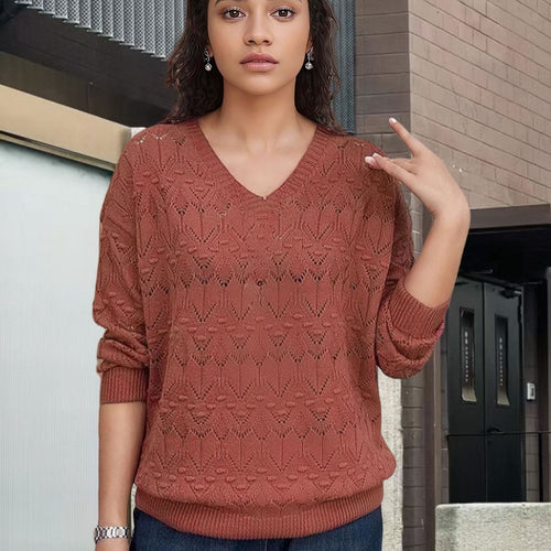 Knit sweater for women with V-neck and a delicate lace design Amarae