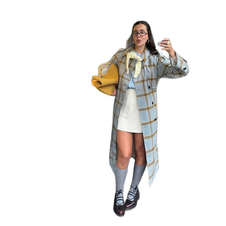 Women's long checkered coat in trench coat style with double button placket Amarae