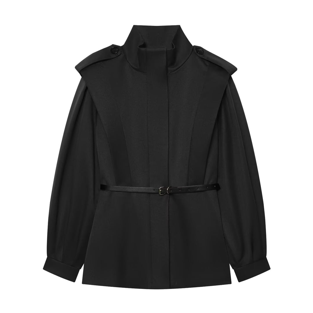 Women Short Cape Trench with High Funnel Collar and Waist Belt Amarae