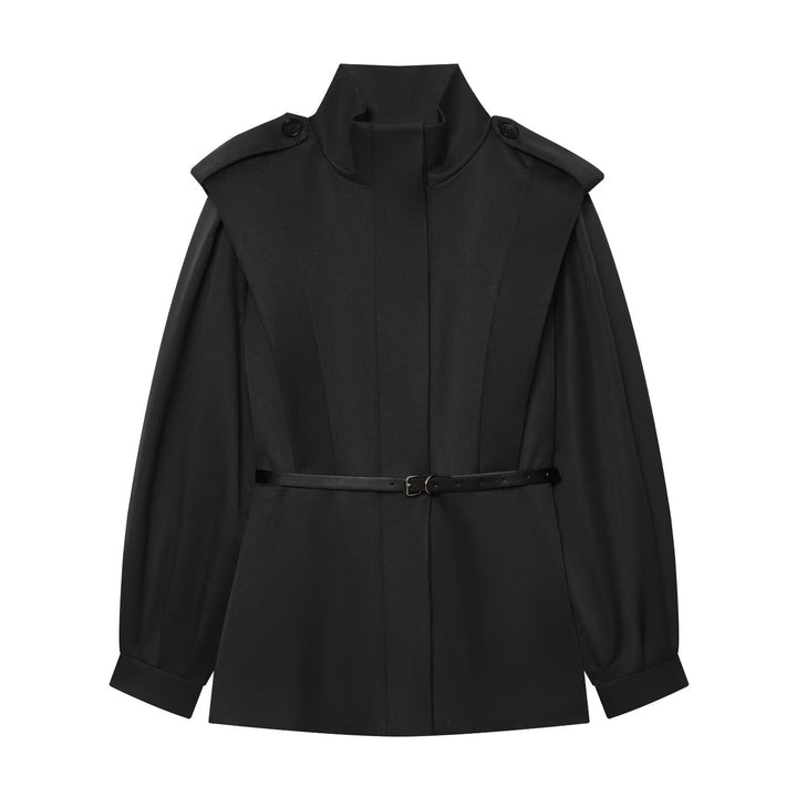 Women Short Cape Trench with High Funnel Collar and Waist Belt Amarae