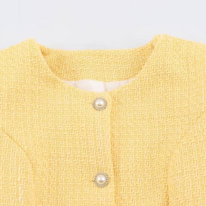 Women's short jacket in boucle tweed style with pearl buttons and waist belt Amarae