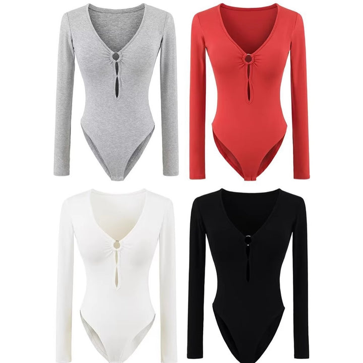 Long sleeve women's body with elegant V-neck and decorative ring detail Lune London