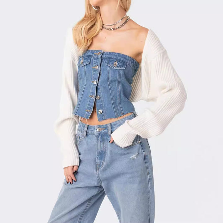 Women's Denim Crop Top with Knitted Overlay Lune London