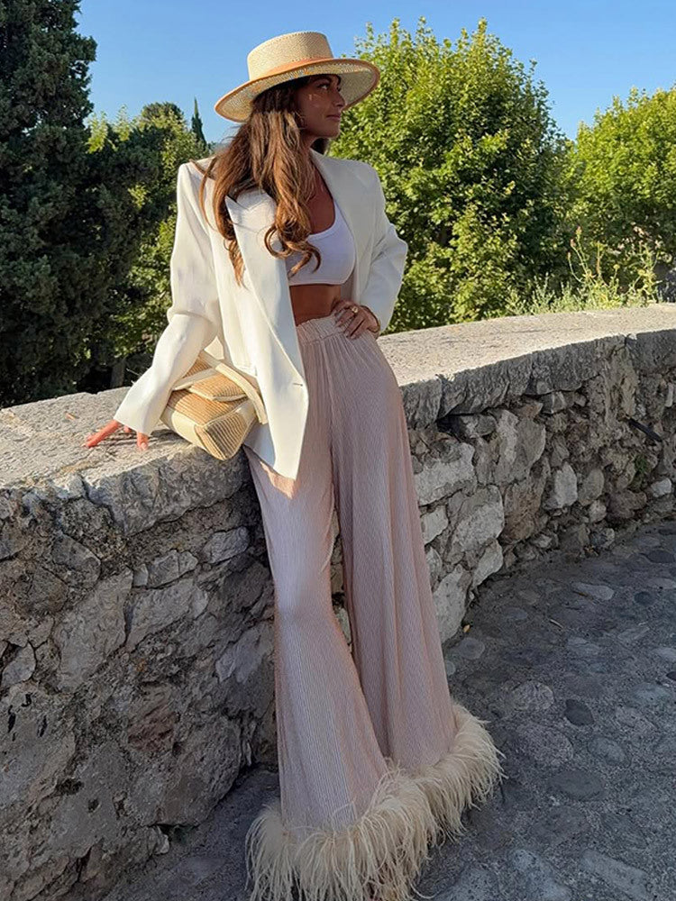Women's Pleated Palazzo Pants with Wide Leg & Feather Trim Amarae